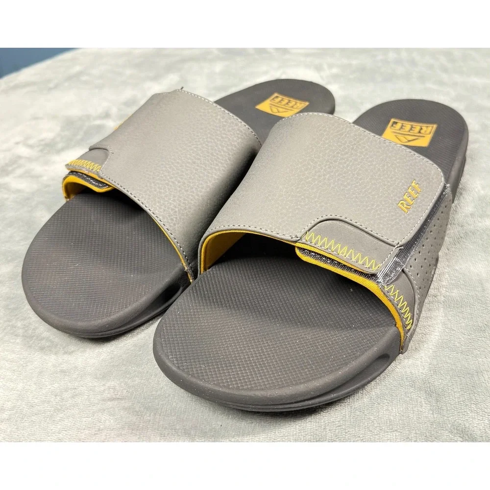 Reef Fanning Slide Sandals Mens 12 Gray Yellow Bottle Opener Slides